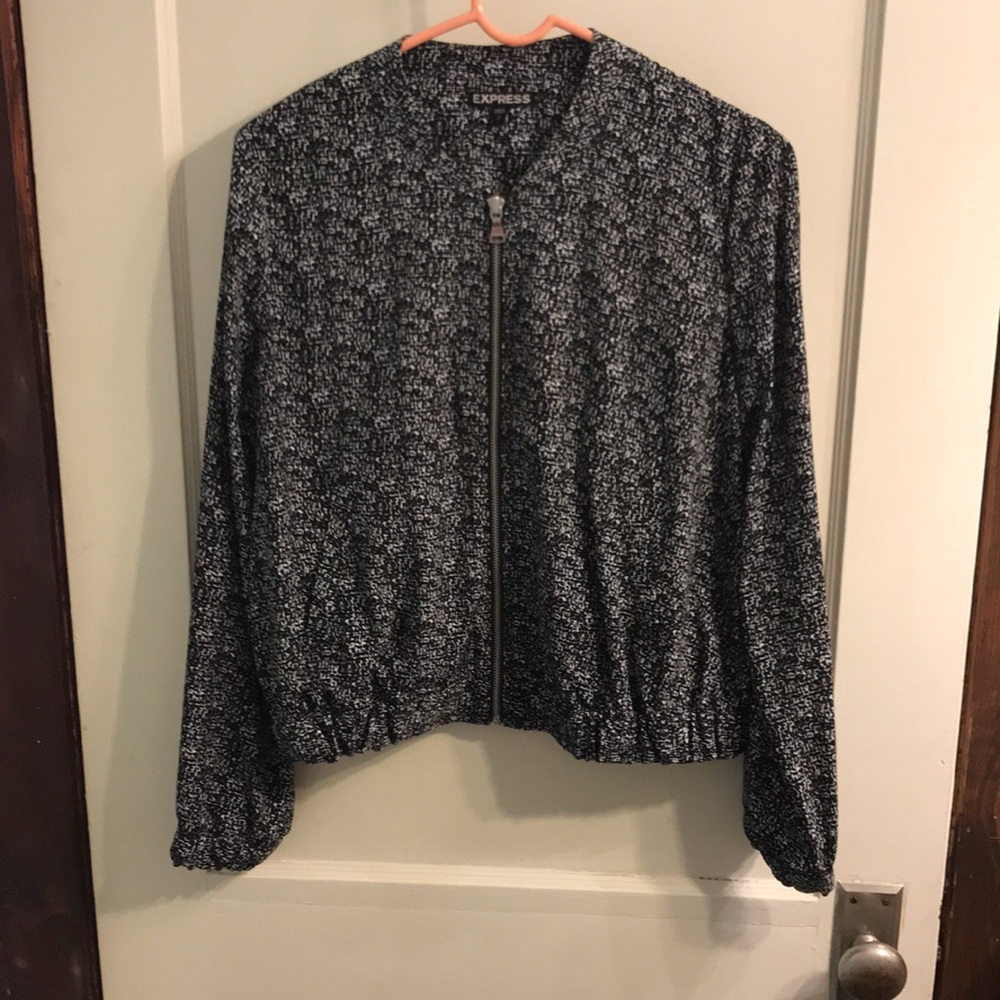 Express! Black & White Freckled Zip Front Lightweight Bomber Jacket